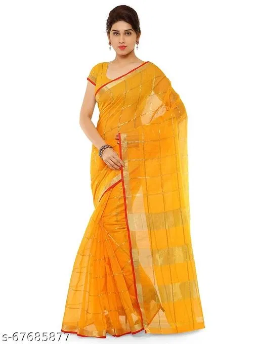 Kota Doria Cotton Saree for Women (Mustard)