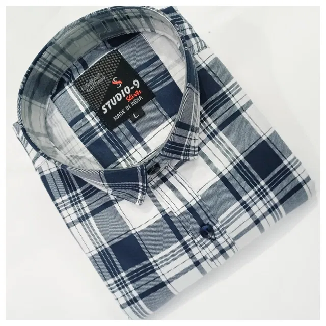 Full Sleeves Checked Shirt for Men (White & Blue, L)