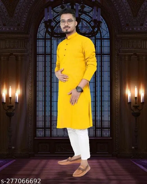 Mandarin Neck Kurta for Men (Yellow, 4XL)