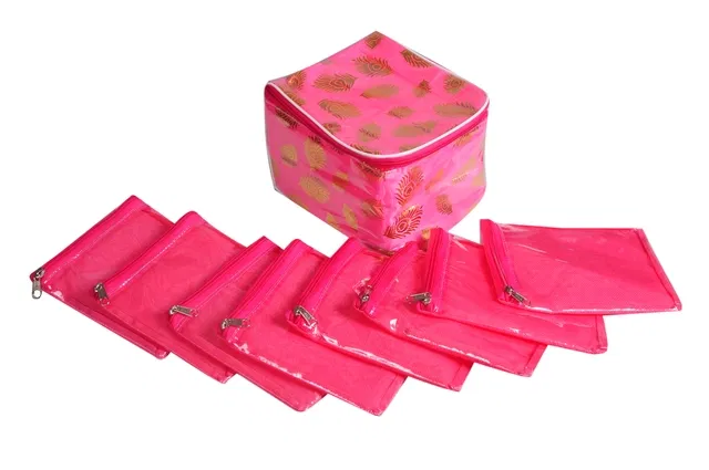 Canvas Printed Jewellery Organizer Bag with 10 Pcs Separate Pouches (Pink, Set of 1)