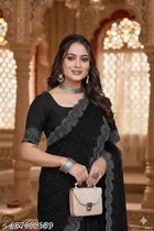 Poly Georgette Solid Saree For Women, Black