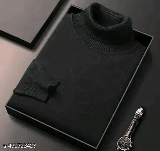 Wool Solid Hi-Neck Sweater for Men, Black (XXL)