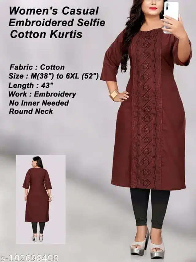 Cotton Embroidered Kurti for Women (Maroon, XXL)