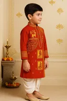 Cotton Printed Kurta with Dhoti for Boys, Red & White 