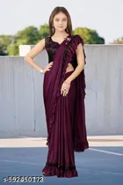 Lycra Solid Saree for Girls, Wine 