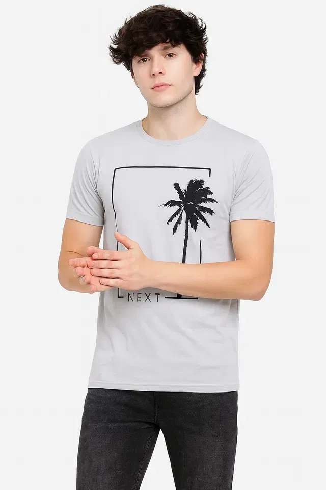 Round Neck Printed T-Shirt for Men (Grey, XL)