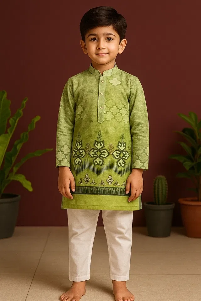 Cotton Blend Printed Kurta with Payjama for Boys, Green & White (7-8 Years)