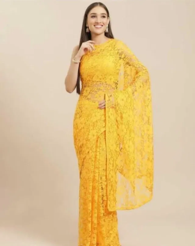 Net Solid Saree for Women (Yellow, 6.3 m)