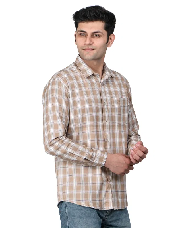 Cotton Blend Full Sleeves Chequered Shirt for Men (Beige, L)