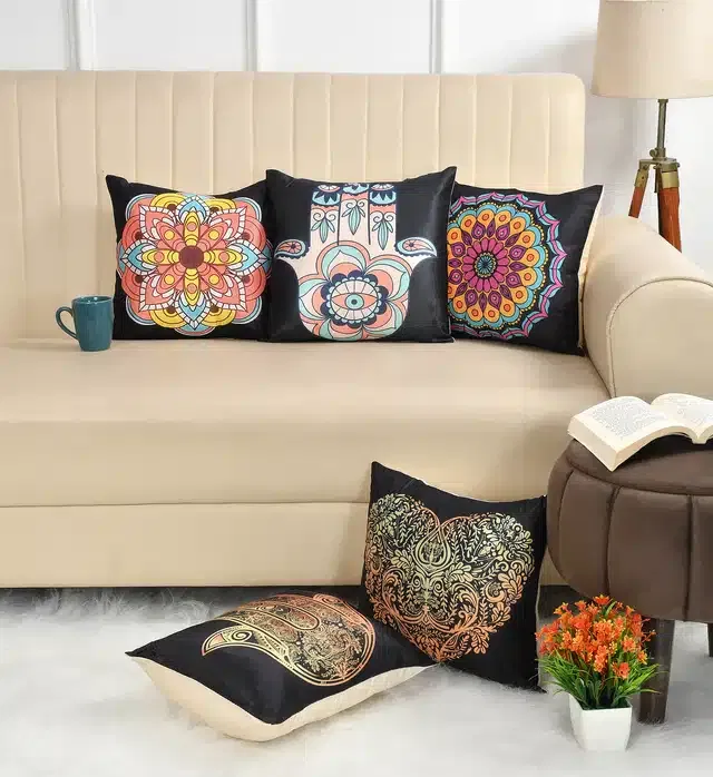 Polycotton Cushion Covers (Pack of 5) (Black, 16x16 Inches)