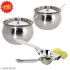 Stainless Steel Oil Container Pot Set (2 Pcs) with Lemon Squeezer (Silver, Set of 3)