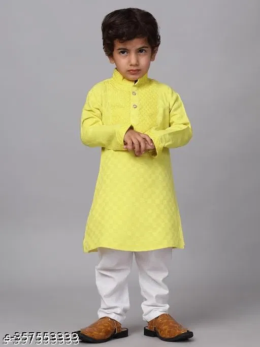 Cotton Blend Kurta with Pyjama for Boys (Lemon Yellow & White, 9-10 Years)