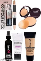 SumSh Fixer Spray, Primer, Foundation, Highlighter and Contour Stick Concealer, Compact Powder Pack of 5