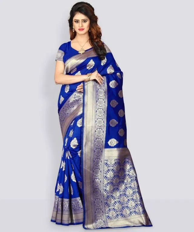Banarasi Silk Jacquard Print Saree for Women (Blue)