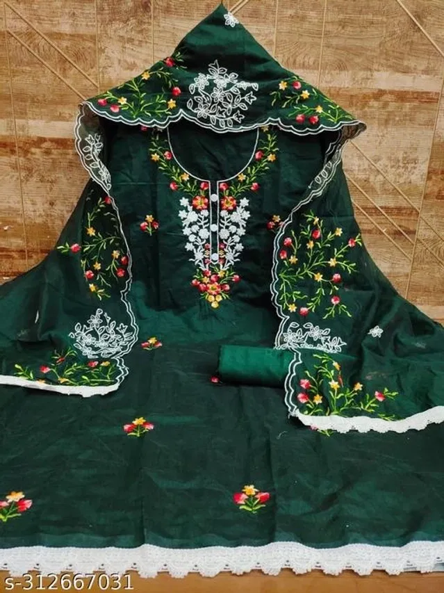Embroidered Unstitched Suit for Women (Bottle Green, 2.25 m)
