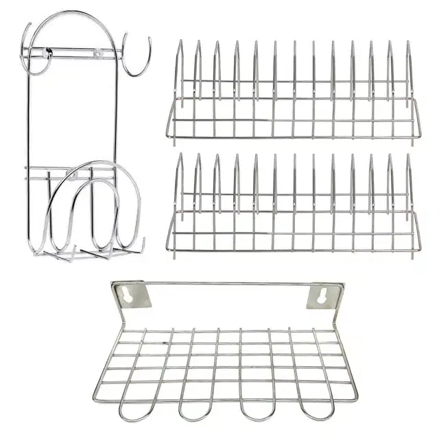 2 Pcs Stainless Steel Dish Rack & Chakla Belan Stand with Hooks & Ladle Stand (Set of 4, Silver)