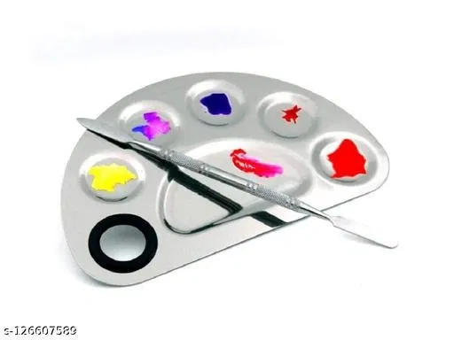 Stainless Steel Makeup Palette with Spatula (Silver, Set of 1)