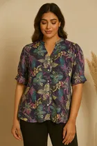 Women's Tropical Floral Print Mandarin Collar Top, S 