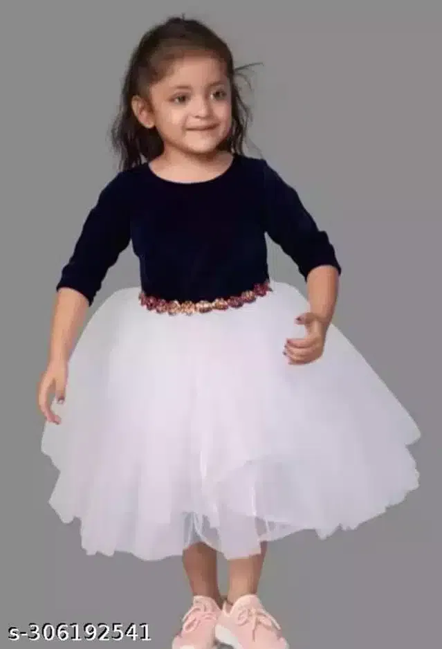 Net Half Sleeves Dress for Girls (Navy Blue & White, 12-18 Months)
