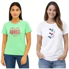 Cotton Blend T-shirt for Women, Green & White, Pack of 2 