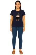 Cotton Blend Printed T-shirt for Women, Navy Blue 