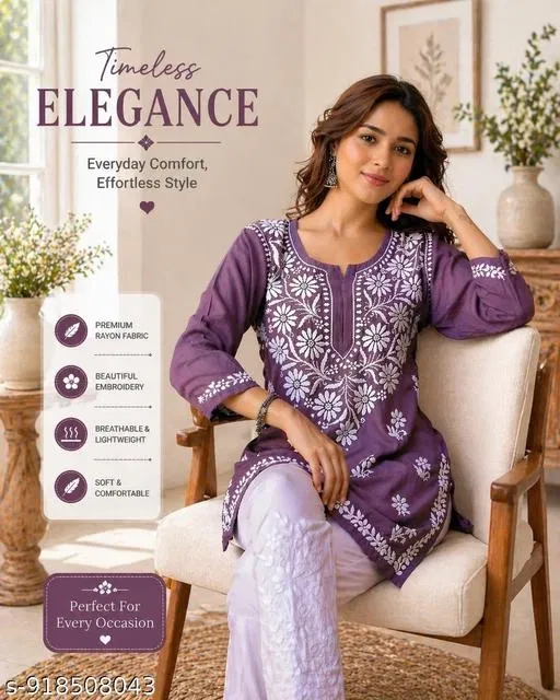 Chikankari Embroidered Short Kurti for Women (Purple, S)