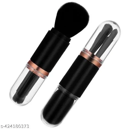4-in-1 Travel Portable Makeup Brush Set, Mini Lip, Foundation, Blending, Powder, Eye Shadow Brushes for Women's Facial Cosmetics, Black