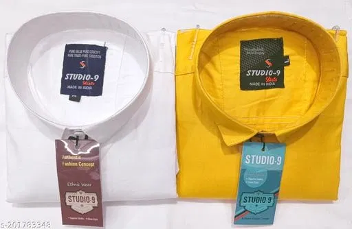 Cotton Blend Solid Shirt for Men, White & Yellow (XL) Pack of 2