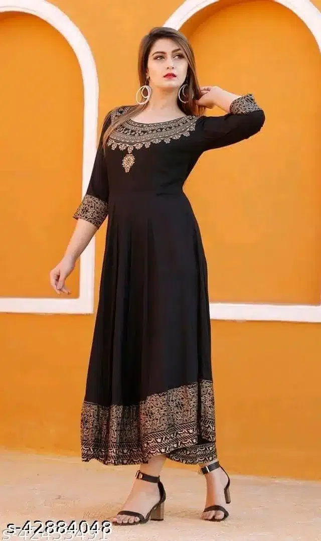 Rayon Printed Kurti for Women (Black, M)
