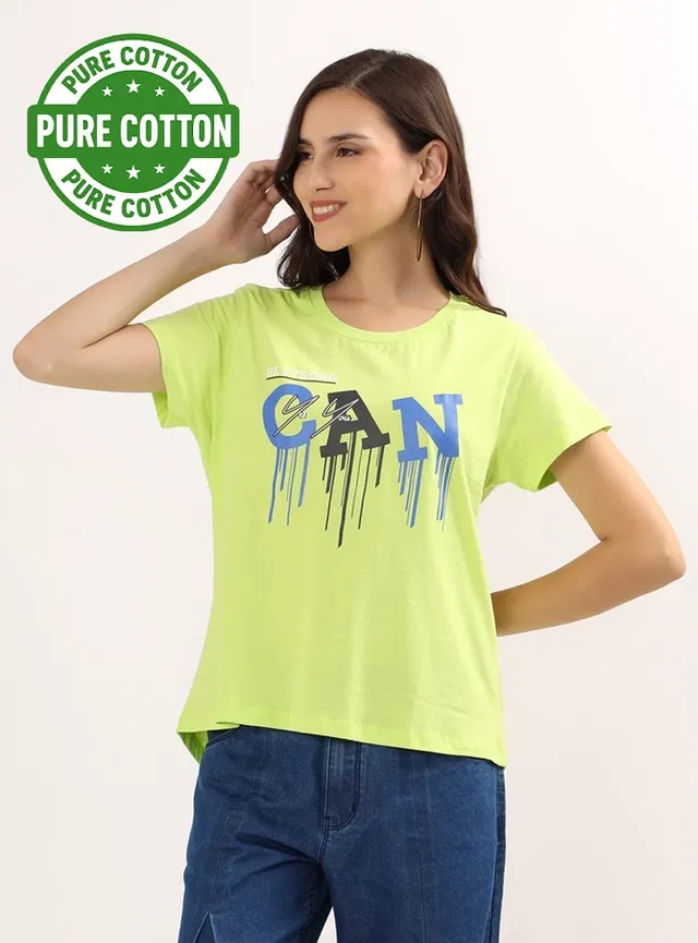 Round Neck Printed T-Shirt for Women (Green, XXL)