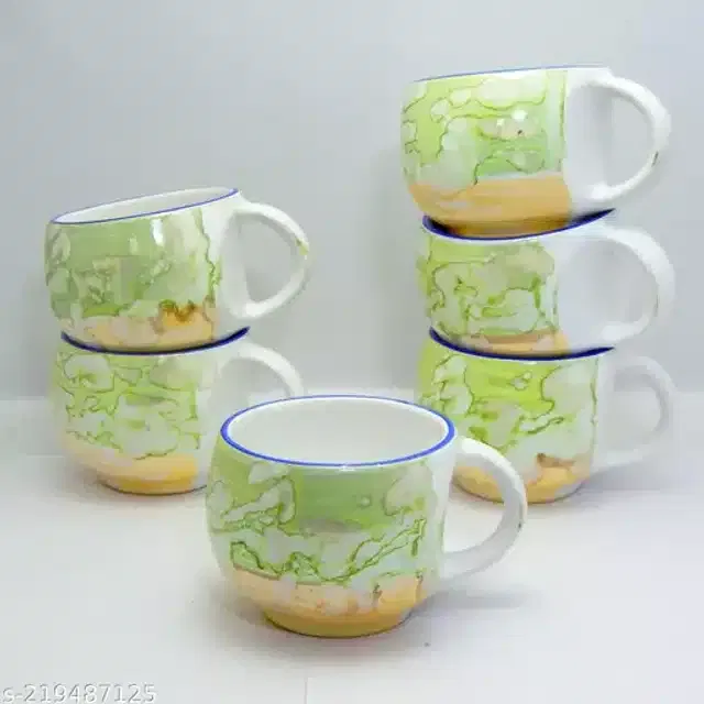 Ceramic Cup Set (Green, 120 ml) (Pack of 6)