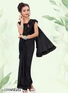 Poly Silk Solid Saree with Blouse for Girls (Black, 3-4 Years)