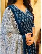 Cotton Blend Printed Anarkali Women's Kurta with Pant & Dupatta Set 