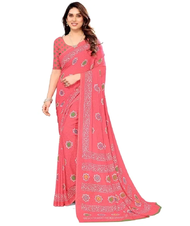 Georgette Printed Saree for Women (Pink)