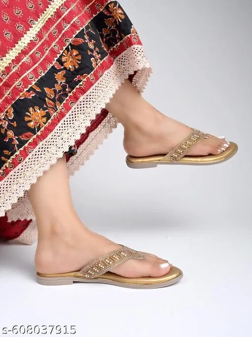 Shoetopia Golden Embellished Flat Sandals (Size IND-7)