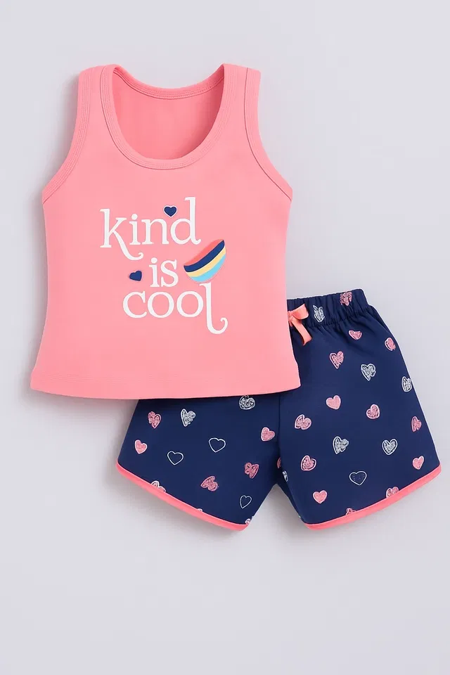 Cotton Blend Printed Clothing Set for Girls (Peach & Blue, 3-4 Years)