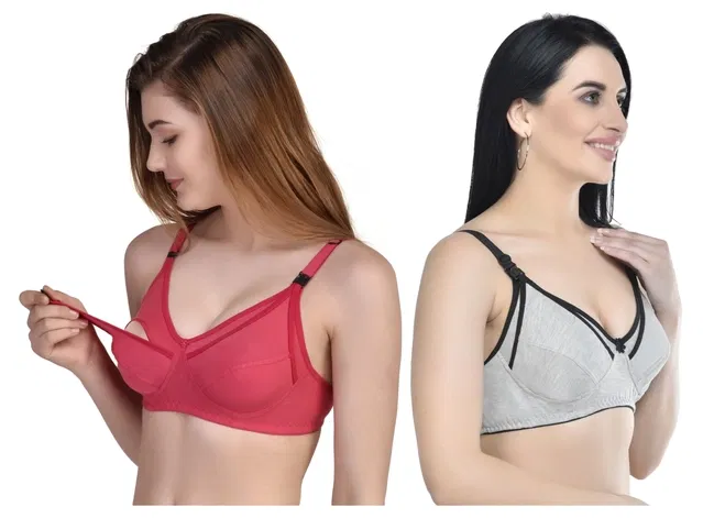 Cotton Blend Solid Non Padded Feeding Bras for Women (Multicolor, 34) (Pack of 2)