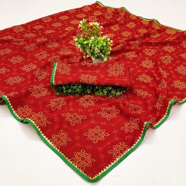 Georgette Bandhini Saree for Women (Red)