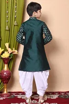 Dupion Silk Printed Kurta with Dhoti for Boys, Bottle Green & White 