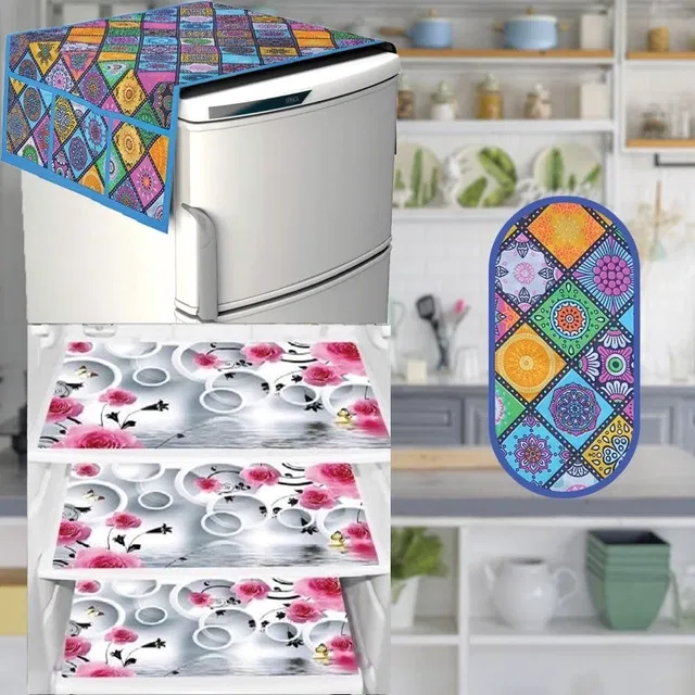 PVC Printed Fridge Top Cover with 3 Pcs Shelf Mats & Handle Cover (Multicolor, Set of 1)