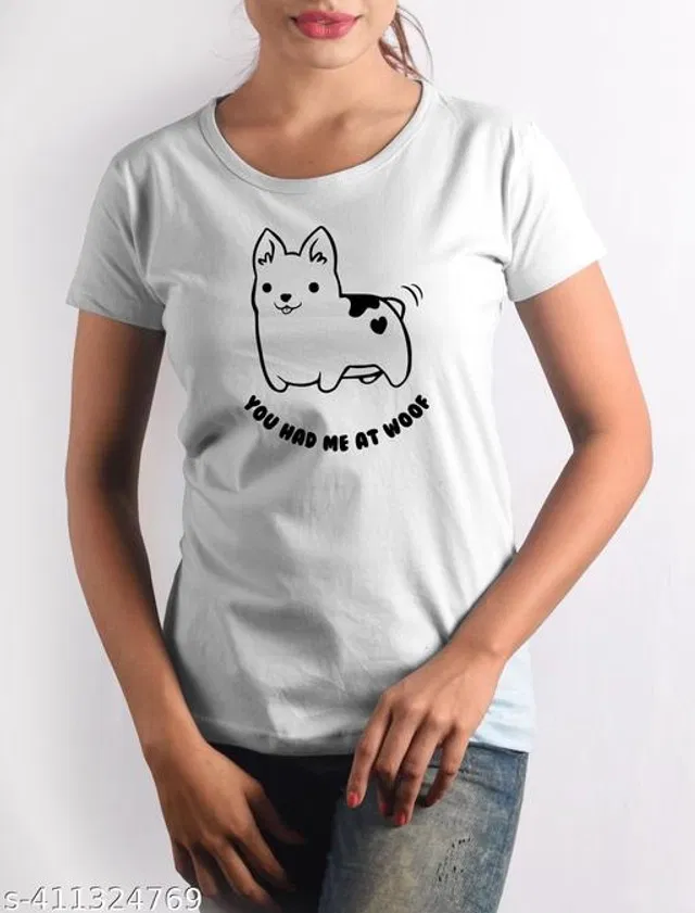 Cotton Round Neck Printed T-Shirt for Women (White, XL)