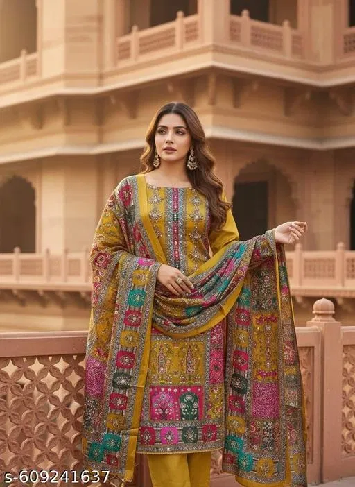 Printed Floral Palazzo Suit Set for Women (Yellow, Un Stitched)