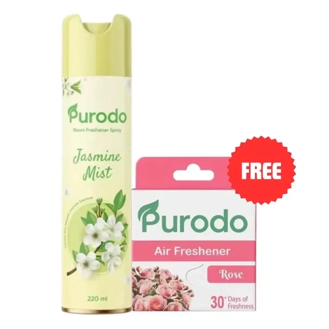 प्यूरोडो एयर फ्रेशनर स्प्रे 220ml जैस्मिन मिस्ट + एयर फ्रेशनर ब्लॉक रोज 50g (फ्री)