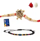 Combo of Metal Rakhi, Greeting Card, Roli Chawal & Bracelet 