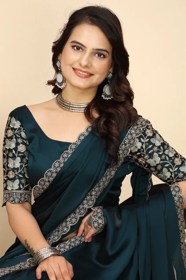 Chiffon Woven Design Saree for Women (Navy Blue, 6.3 m)