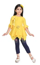 Cotton Blend Solid Cloting Set for Girls (Yellow & Navy Blue, 1-2 Years)