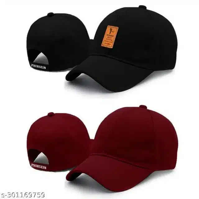 Cotton Cap for Men & Women (Black & Maroon, Pack of 2)