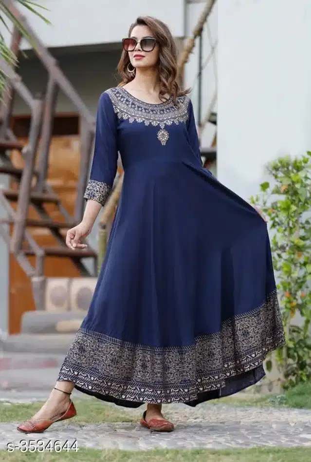 Rayon Printed Kurti for Women (Navy Blue, S)