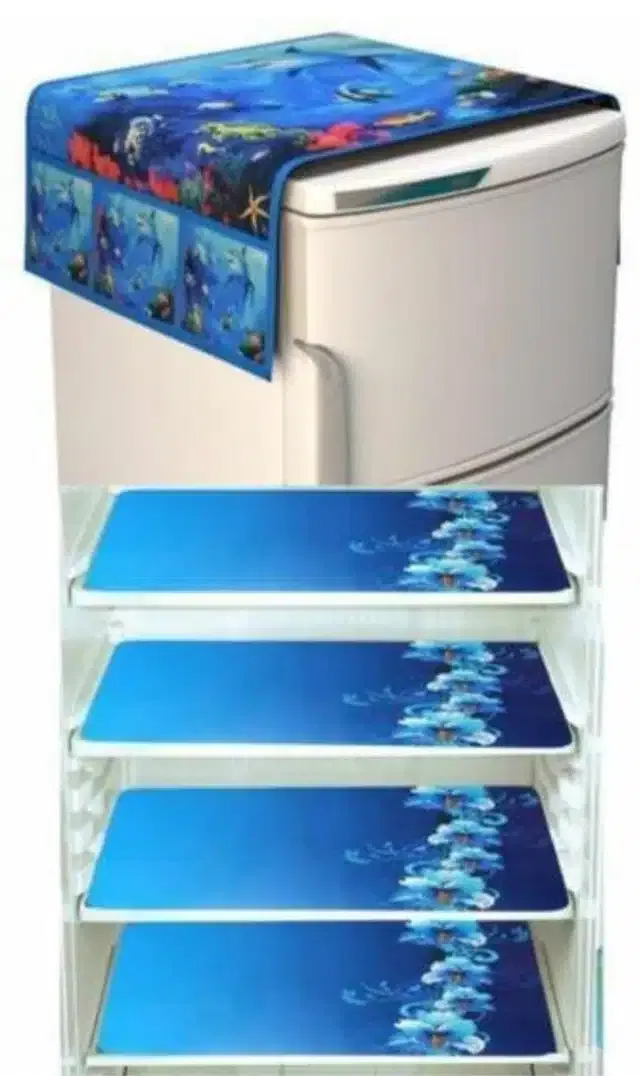 Knit Printed Fridge 4 Pcs Mat with Top Cover (Blue, Set of 1)