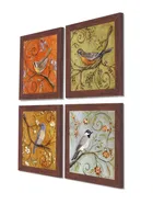 Multicolor Jardine Birds Set of 4 Brown Framed Painting 